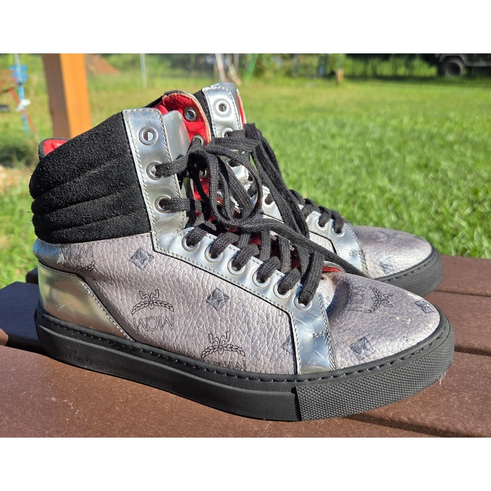 MCM Visetos Women's Silver Hi Top Fashion Sneakers Shoes SIZE 37 US & FLAWS
